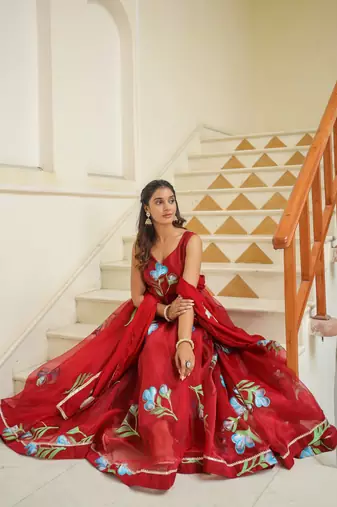 Valencia maroon hand print organza anarkali suit set of 3