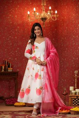 White chanderi anarkali suit set of 3 1