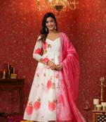 White chanderi anarkali suit set of 3