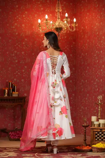 White chanderi anarkali suit set of 3