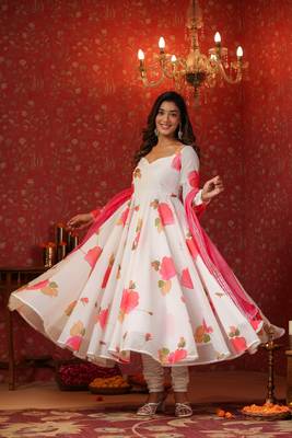 White chanderi anarkali suit set of 3 3