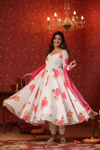 White chanderi anarkali suit set of 3