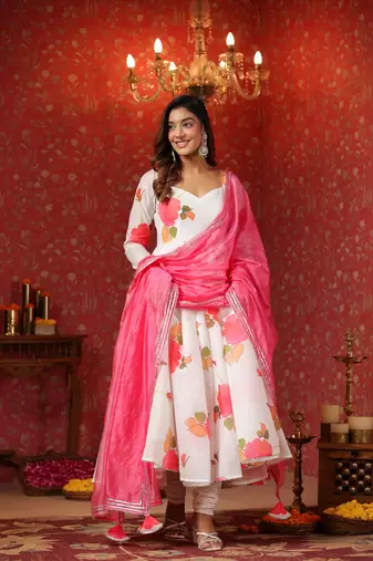 White chanderi anarkali suit set of 3
