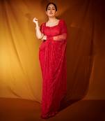 Red soft net & georgette saree set