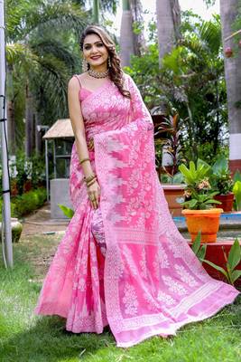 Pink Cotton Banarasi Silk Blend Saree With Blouse 1