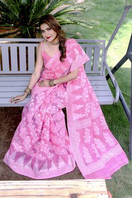Pink Cotton Banarasi Silk Blend Saree With Blouse 2