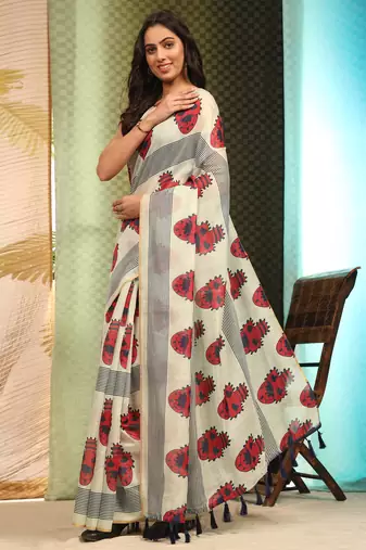 Silk Land  Off White  Digital Printed Cotton Blend Saree 