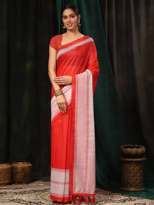 Silk Land  Red  Digital Printed Cotton Blend Saree  1