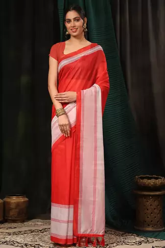 Silk Land  Red  Digital Printed Cotton Blend Saree 