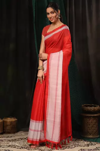 Silk Land  Red  Digital Printed Cotton Blend Saree 
