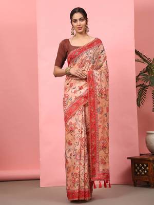 Silk Land  Peach  Digital Printed Cotton Blend Saree  1