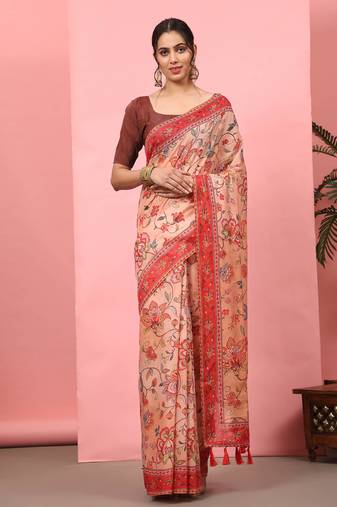 Silk Land  Peach  Digital Printed Cotton Blend Saree 