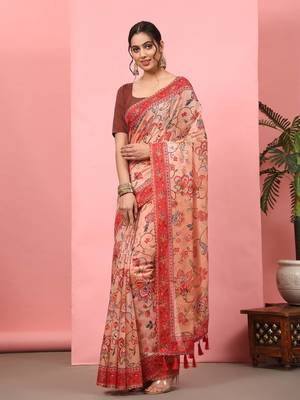 Silk Land  Peach  Digital Printed Cotton Blend Saree  2