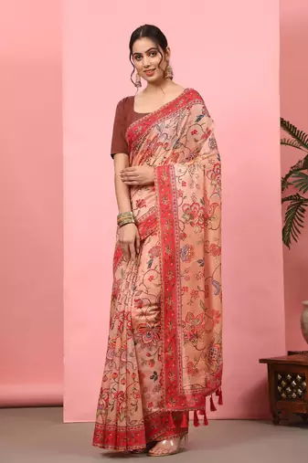 Silk Land  Peach  Digital Printed Cotton Blend Saree 