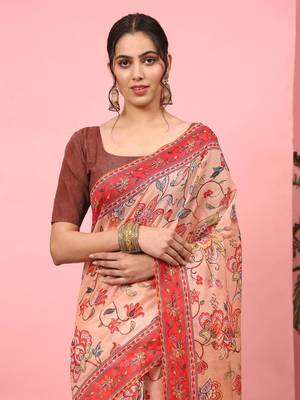 Silk Land  Peach  Digital Printed Cotton Blend Saree  3