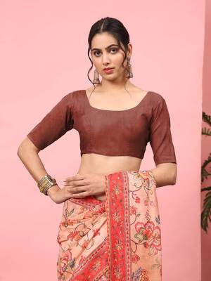 Silk Land  Peach  Digital Printed Cotton Blend Saree  4