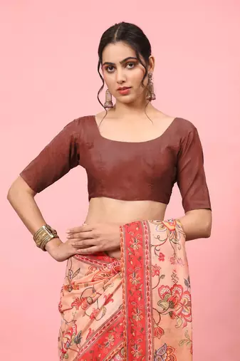 Silk Land  Peach  Digital Printed Cotton Blend Saree 