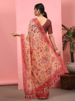 Silk Land  Peach  Digital Printed Cotton Blend Saree  5