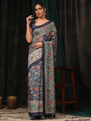 Silk Land  Navy Blue  Digital Printed Cotton Blend Saree  1
