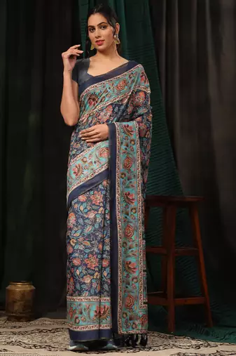 Silk Land  Navy Blue  Digital Printed Cotton Blend Saree 