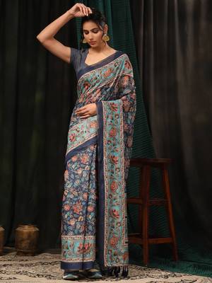 Silk Land  Navy Blue  Digital Printed Cotton Blend Saree  2