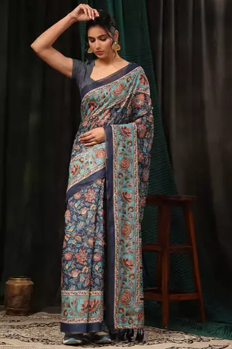 Silk Land  Navy Blue  Digital Printed Cotton Blend Saree 