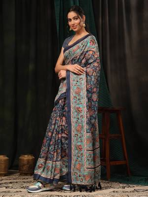 Silk Land  Navy Blue  Digital Printed Cotton Blend Saree  3