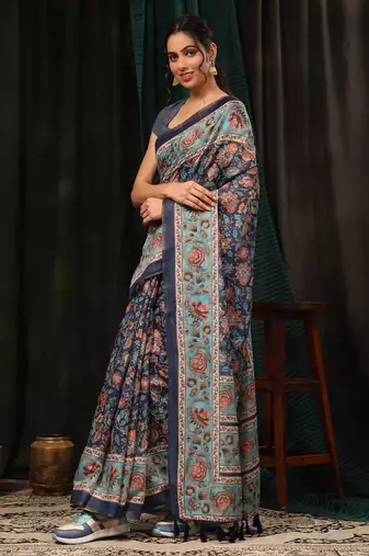 Silk Land  Navy Blue  Digital Printed Cotton Blend Saree 