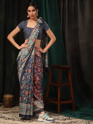 Silk Land  Navy Blue  Digital Printed Cotton Blend Saree  4