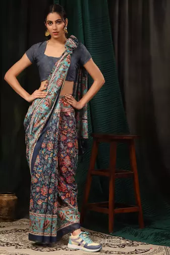 Silk Land  Navy Blue  Digital Printed Cotton Blend Saree 