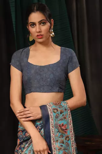 Silk Land  Navy Blue  Digital Printed Cotton Blend Saree 
