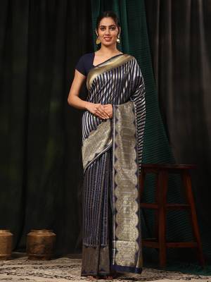 Silk Land  Navy Blue  Zari Woven Art Silk Saree  1