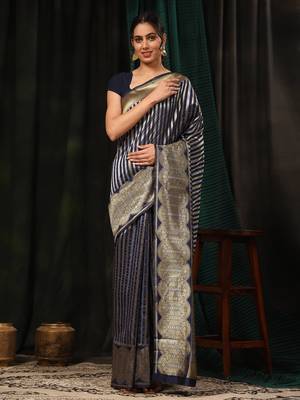 Silk Land  Navy Blue  Zari Woven Art Silk Saree  2