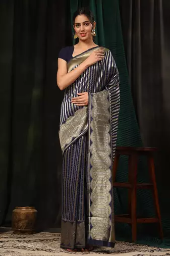 Silk Land  Navy Blue  Zari Woven Art Silk Saree 