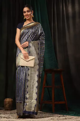 Silk Land  Navy Blue  Zari Woven Art Silk Saree 