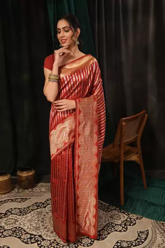 Silk Land  Red  Zari Woven Art Silk Saree 