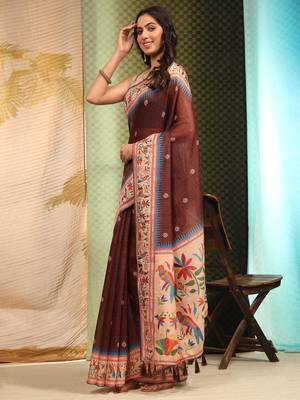Silk Land  Brown  Digital Printed Cotton Blend Saree  2
