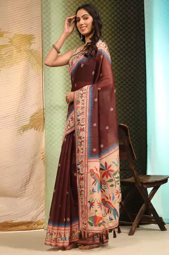 Silk Land  Brown  Digital Printed Cotton Blend Saree 