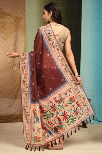 Silk Land  Brown  Digital Printed Cotton Blend Saree 