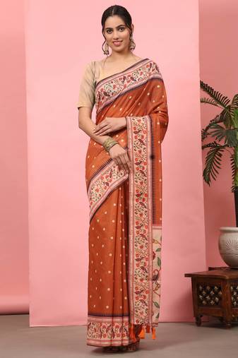 Silk Land  Orange  Digital Printed Cotton Blend Saree 