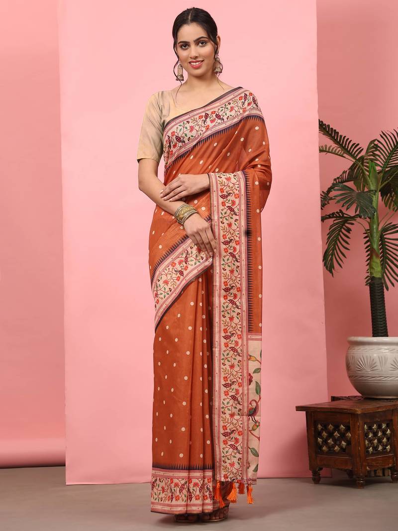 Silk Land  Orange  Digital Printed Cotton Blend Saree 