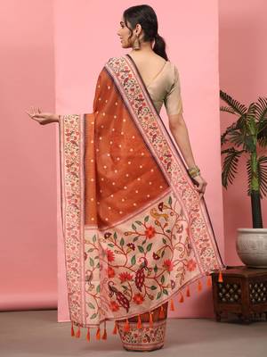 Silk Land  Orange  Digital Printed Cotton Blend Saree  2