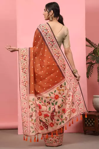 Silk Land  Orange  Digital Printed Cotton Blend Saree 