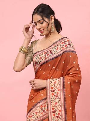 Silk Land  Orange  Digital Printed Cotton Blend Saree  3