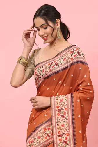 Silk Land  Orange  Digital Printed Cotton Blend Saree 