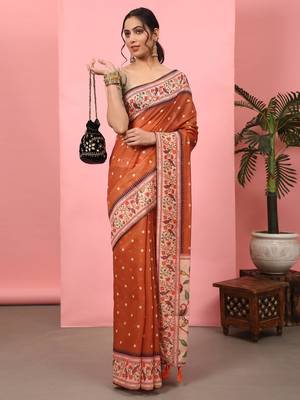 Silk Land  Orange  Digital Printed Cotton Blend Saree  4