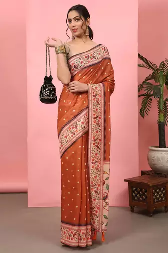 Silk Land  Orange  Digital Printed Cotton Blend Saree 