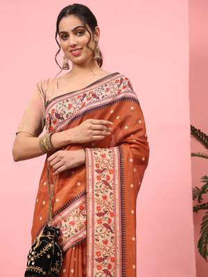 Silk Land  Orange  Digital Printed Cotton Blend Saree  5