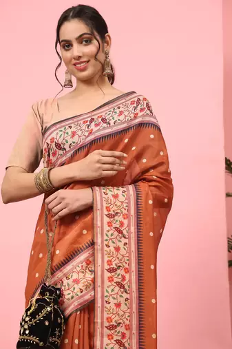 Silk Land  Orange  Digital Printed Cotton Blend Saree 
