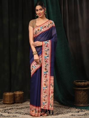 Silk Land  Navy Blue  Digital Printed Cotton Blend Saree  1